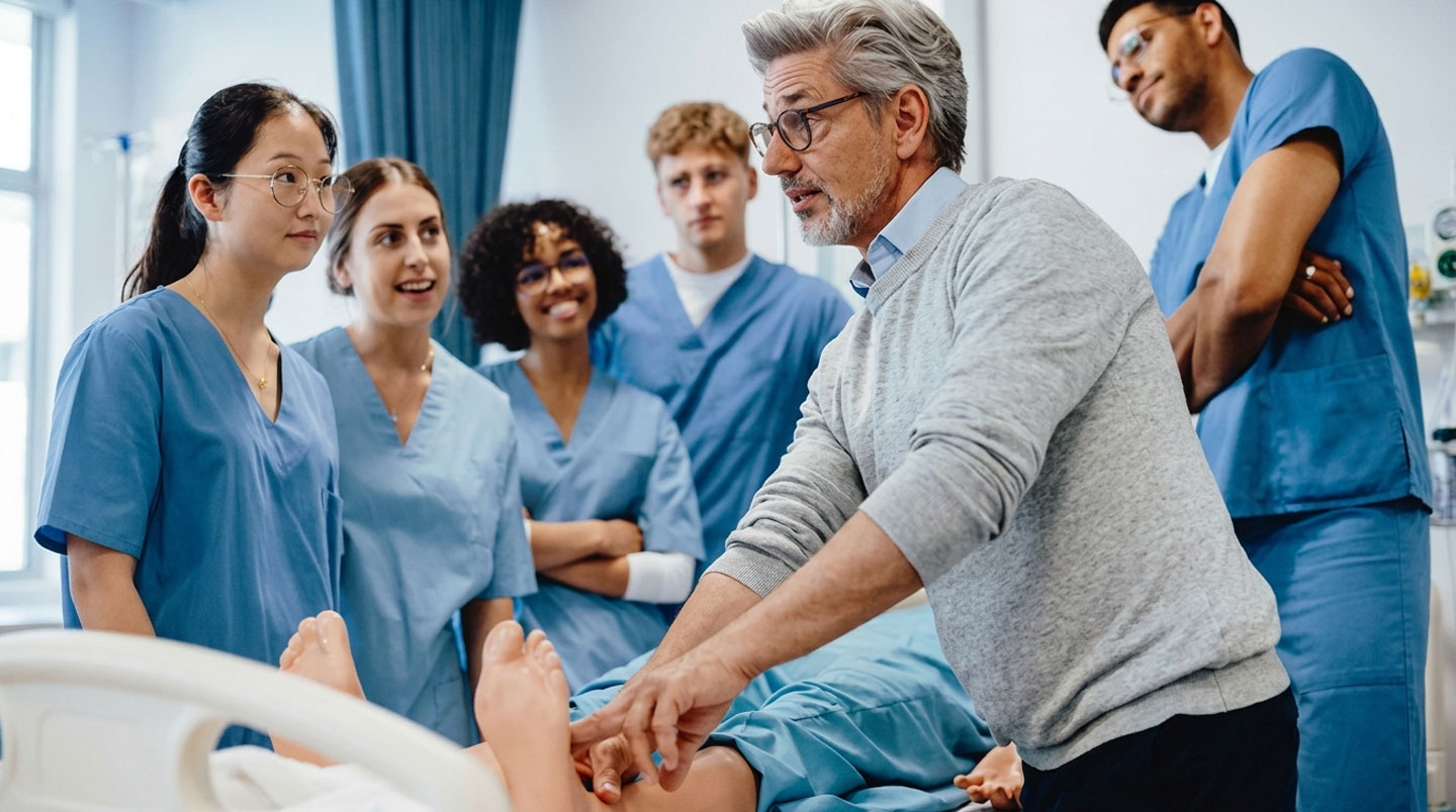 Étudiants en médecine en blouse blanche lors d'un travail pratique dans une salle de formation d'une faculté française avec matériel médical sur les tables
