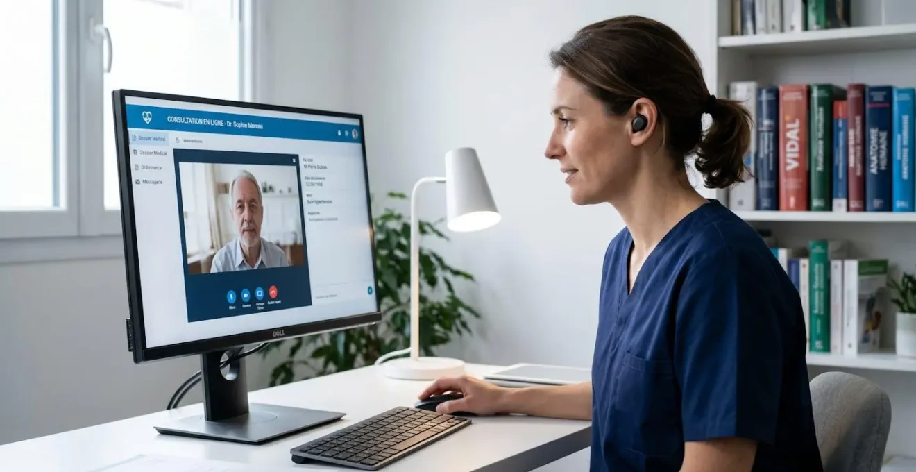 Médecin français effectuant une téléconsultation depuis son cabinet avec écran d'ordinateur affichant une interface de visioconférence médicale