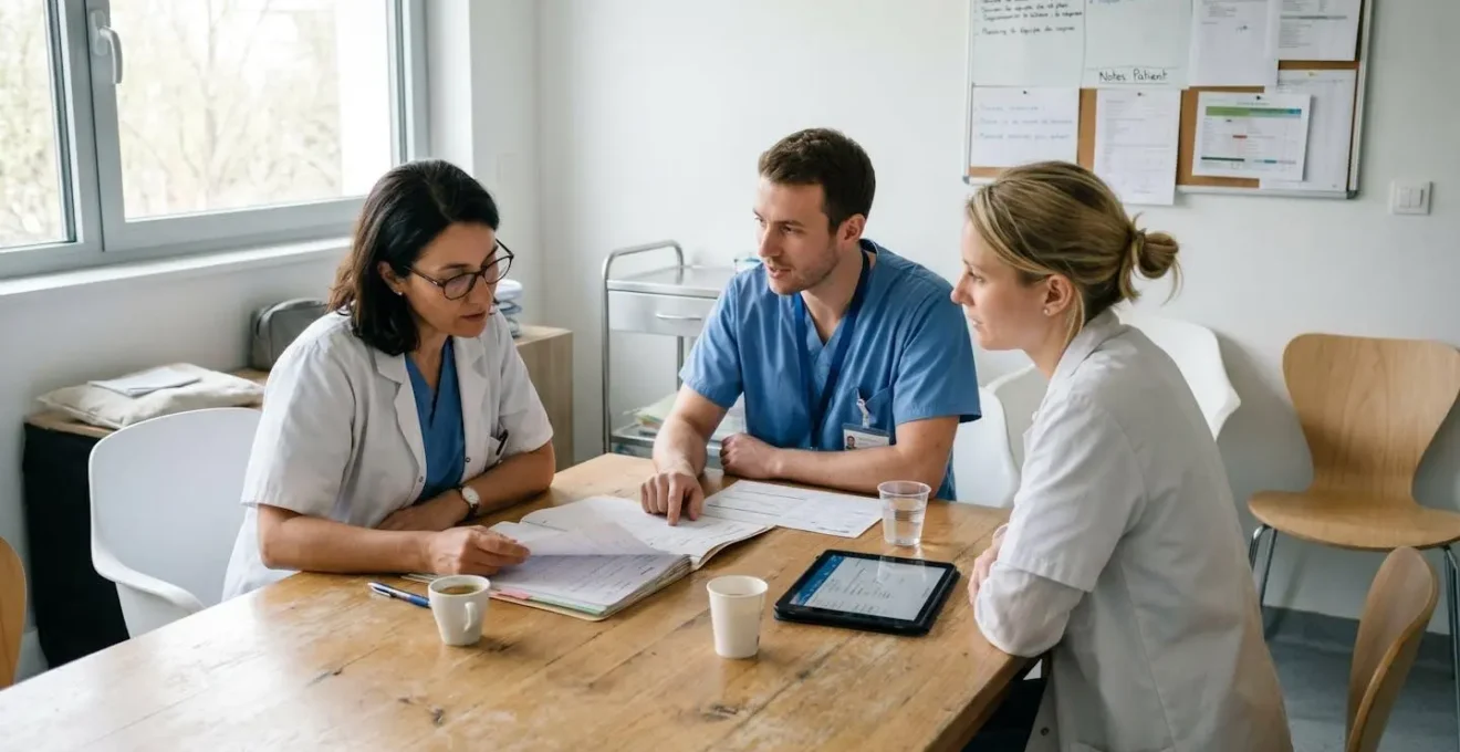Réunion de coordination interprofessionnelle dans une salle de staff hospitalière avec médecin, infirmier et pharmacien examinant ensemble un dossier patient sur une table claire