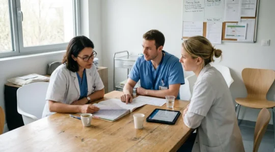 Réunion de coordination interprofessionnelle dans une salle de staff hospitalière avec médecin, infirmier et pharmacien examinant ensemble un dossier patient sur une table claire